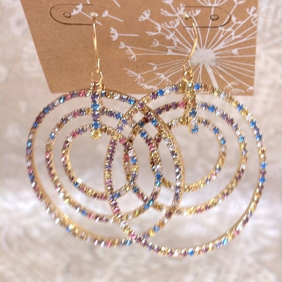 Brand New Pastel Rainbow Multicolored Triple Circle Rhinestone Drop Earrings - Picture 9 of 16